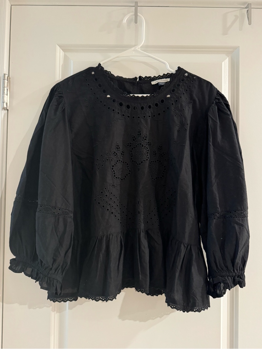 American Eagle Outfitters Black Eyelet Peasant Top